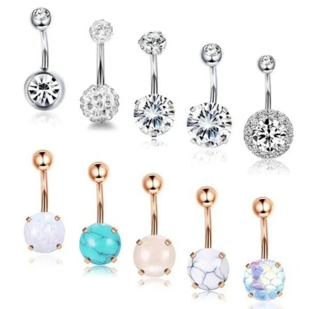 14G Rose Gold and Silver with Cubic Zirconia Belly Rings - Set of 10